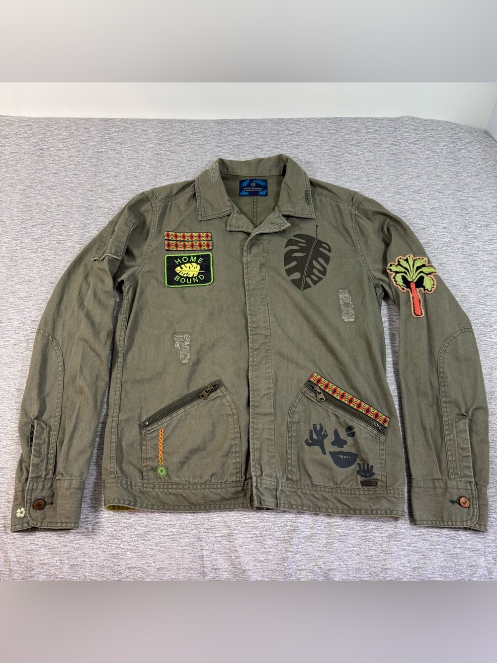 Scotch & Soda Olive Green Military Jacket with Embroidered Patches Small